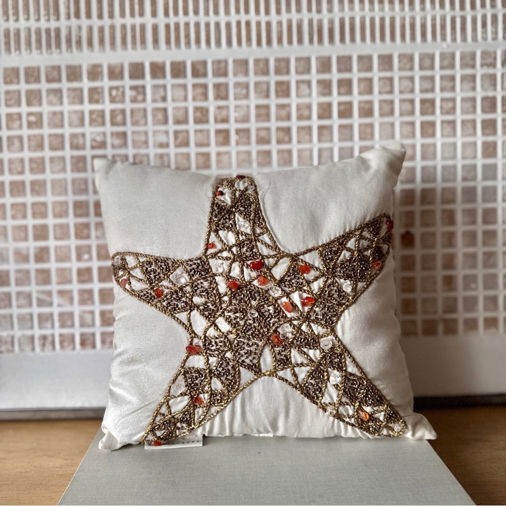 Pottery Bane Gold Star Embellished Ivory Throw Pillow
